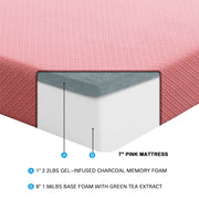 MT-PG07PKT 7" Pink Twin Gel-Infused Memory Foam Mattress and Pillow Set - MT-PG07PKT