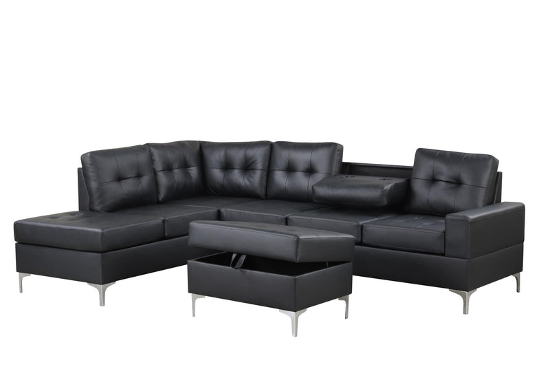 Myers - 2 PC Reversible Black Sectional with Drop-Down Table, Cup Holder, Metal Legs - S560-Sectional-Black-Metal Legs