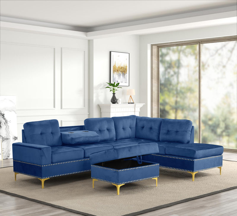 Naples - 2 PC Blue Velvet Sectional with Drop Down Table, Cup Holder and Storage Ottoman with Gold Legs - S564-Sectional & O
