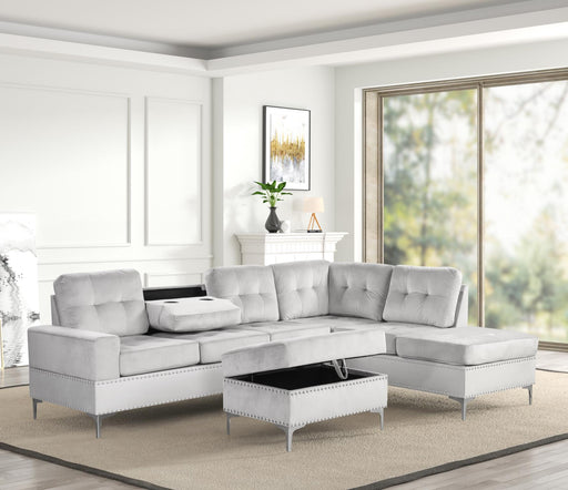 Naples - 2 PC Silver Velvet Sectional with Drop Down Table, Cup Holder and Storage Ottoman with Chromee Legs - S563-Sectional & O