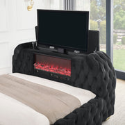 Natalia Black King Upholstered Fireplace Bed with TV Lift - Lara FurnitureKing Bed