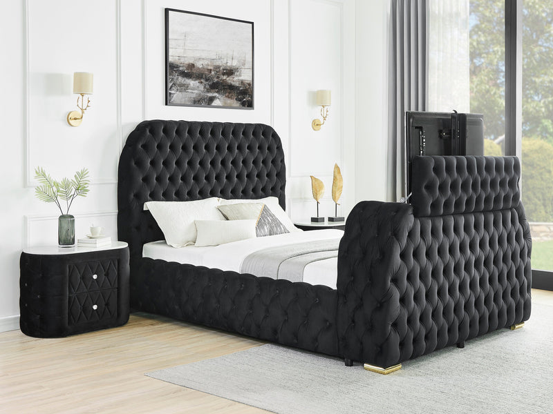 Natalia Black Queen Upholstered Fireplace Bed with TV Lift - Lara FurnitureQueen Bed