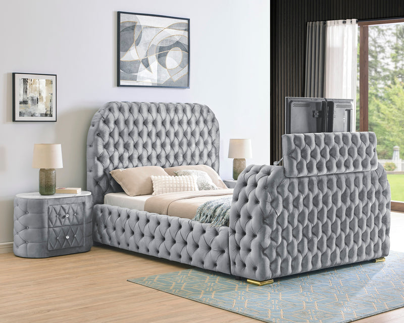 Natalia Gray King Upholstered Fireplace Bed with TV Lift - Lara FurnitureKing Bed