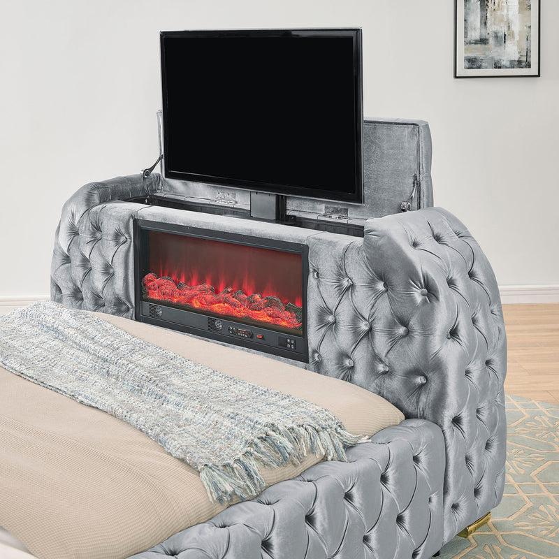 Natalia Gray Queen Upholstered Fireplace Bed with TV Lift - Lara FurnitureQueen Bed