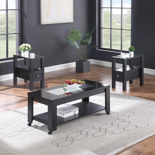Neo - Black Coffee Table Set, Coffee Table and 2 End Tables with Storage Shelf and Multi Color LED - T200-3PC-Set