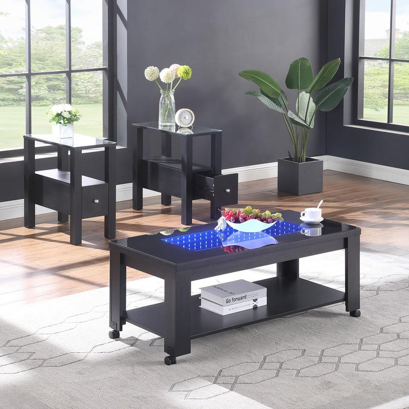 Neo - Black Coffee Table Set, Coffee Table and 2 End Tables with Storage Shelf and Multi Color LED - T200-3PC-Set