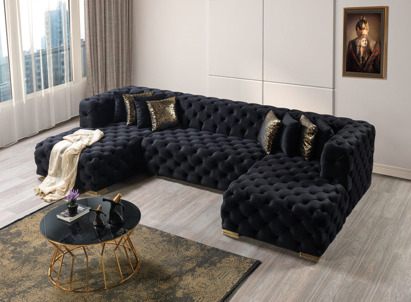 Neva Black Velvet Double Chaise Sectional - Lara FurnitureSectional