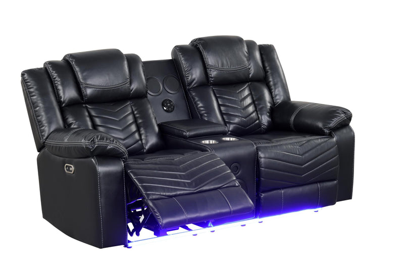 Newnan - Black Power Recliner Loveseat with Console, Bluetooth Speaker, Subwoofer, Built-in Tube LED Light, Cup Holder, USB Charger, Zero Gravity - L680-L