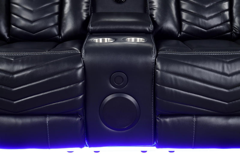 Newnan - Black Power Recliner Loveseat with Console, Bluetooth Speaker, Subwoofer, Built-in Tube LED Light, Cup Holder, USB Charger, Zero Gravity - L680-L