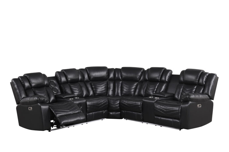Newnan - Black Power Recliner Sectional with Bluetooth Speaker, Subwoofer, Storage Console, Tube LED, Cup Holder, USB Charger, Zero Gravity - S470-Sectional