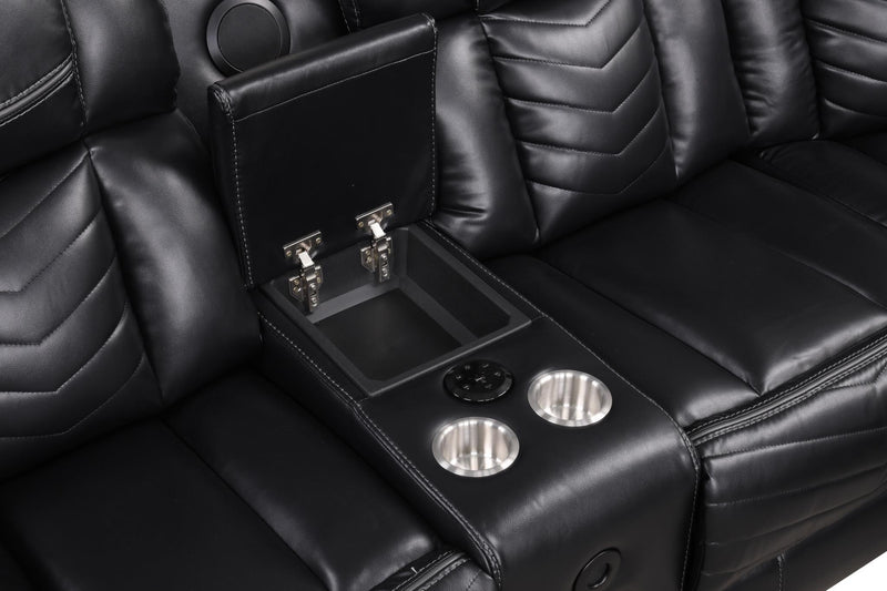 Newnan - Black Power Recliner Sectional with Bluetooth Speaker, Subwoofer, Storage Console, Tube LED, Cup Holder, USB Charger, Zero Gravity - S470-Sectional