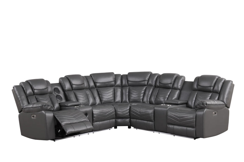 Newnan - Gray Power Recliner Sectional with Bluetooth Speaker, Subwoofer, Storage Console, Tube LED, Cup Holder, USB Charger, Zero Gravity - S471-Sectional