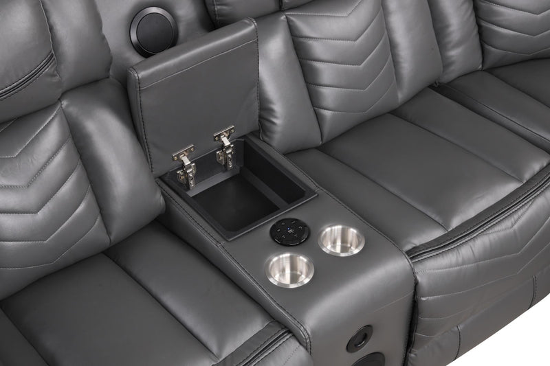 Newnan - Gray Power Recliner Sectional with Bluetooth Speaker, Subwoofer, Storage Console, Tube LED, Cup Holder, USB Charger, Zero Gravity - S471-Sectional