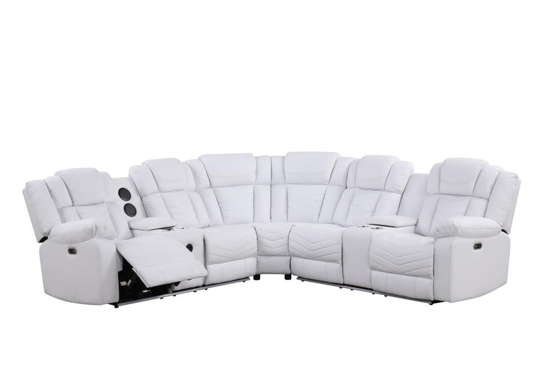 Newnan - White Power Recliner Sectional with Bluetooth Speaker, Subwoofer, Storage Console, Tube LED, Cup Holder, USB Charger, Zero Gravity - S472-Sectional
