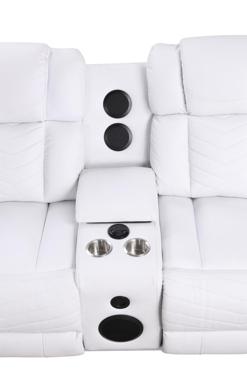 Newnan - White Power Recliner Sectional with Bluetooth Speaker, Subwoofer, Storage Console, Tube LED, Cup Holder, USB Charger, Zero Gravity - S472-Sectional