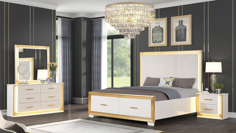 Obsession Queen 4 Pc Bedroom Set in White & Gold - Obsession Queen 4 Pc Bedroom Set in White & Gold