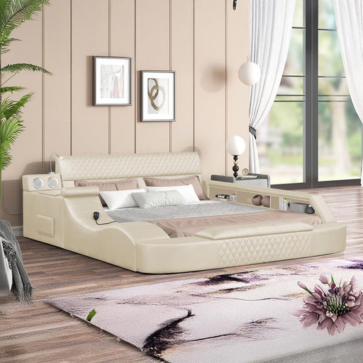 Odessa - Cream Upholstered King Bed with Massage chaise, Bluetooth Speaker, Side Storage, Storage Footboard - B117-K-Bed