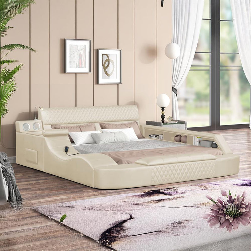 Odessa - Cream Upholstered Queen Bed with Massage chaise, Bluetooth Speaker, Side Storage, Storage Footboard - B117-Q-Bed