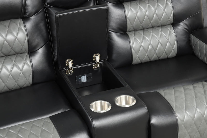 Ohio - Black & Gray Manual Recliner Loveseat with Storage Console, Power Source and Cup Holder - L647-L