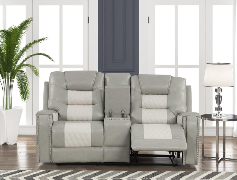 Ohio - Gray & Ice Manual Recliner Loveseat with Storage Console, Power Source and Cup Holder - L648-L