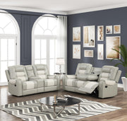 Ohio - Gray & Ice Manual Recliner Sofa with Drop-Down Table, Wireless Charger, Power Source, USB Charger and Cup Holder - L648-S
