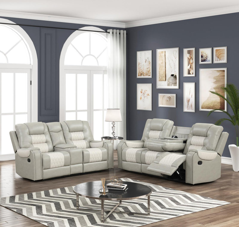Ohio - Gray & Ice Manual Recliner Sofa with Drop-Down Table, Wireless Charger, Power Source, USB Charger and Cup Holder - L648-S