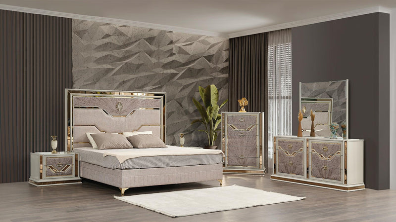Omari Queen 5 Pc Bedroom Set in Beige - Omari Queen 5 Pc Bedroom Set in Beige