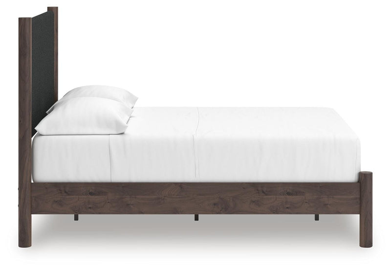 Pamytta Full Upholstered Panel Platform Bed, Dresser and Chest in Brown - PKG022761