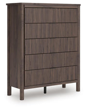 Pamytta Full Upholstered Panel Platform Bed, Dresser, Mirror and Chest in Brown - PKG022689