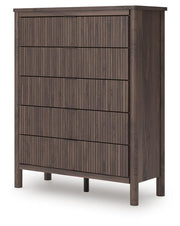 Pamytta Full Upholstered Panel Platform Bed, Dresser, Mirror and Chest in Brown - PKG022689