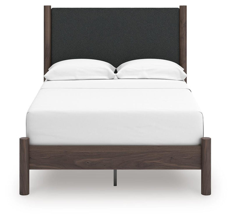 Pamytta Full Upholstered Panel Platform Bed, Dresser, Mirror and Chest in Brown - PKG022689