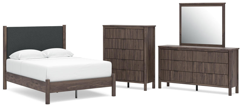 Pamytta Full Upholstered Panel Platform Bed, Dresser, Mirror and Chest in Brown - PKG022689