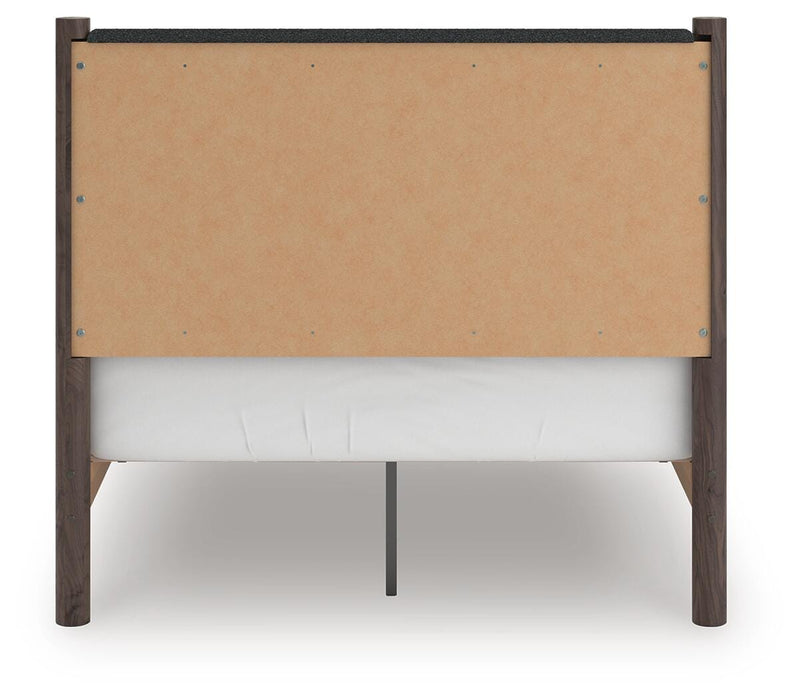 Pamytta Full Upholstered Panel Platform Bed, Dresser, Mirror and Chest in Brown - PKG022689