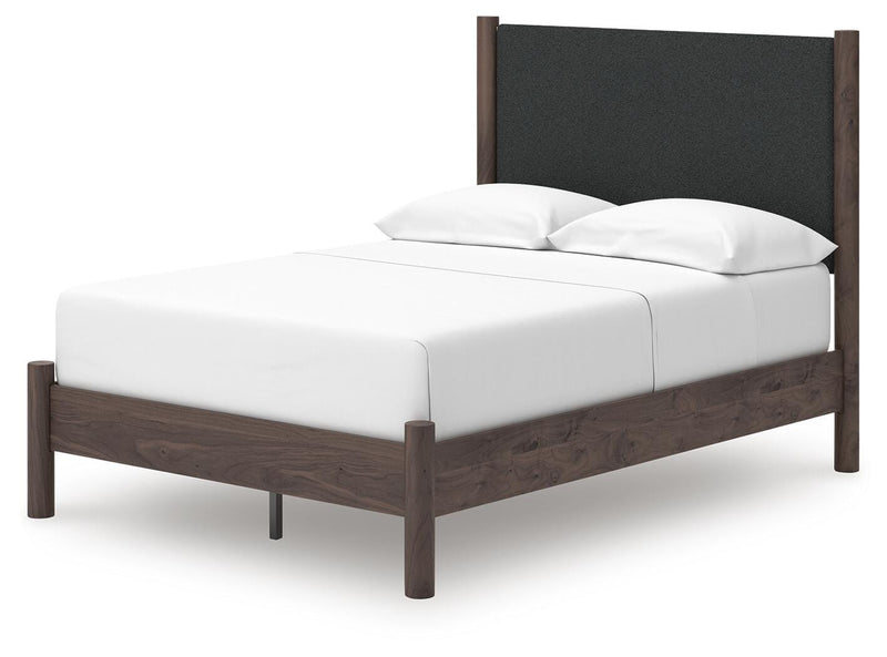 Pamytta Full Upholstered Panel Platform Bed, Dresser, Mirror and Chest in Brown - PKG022689