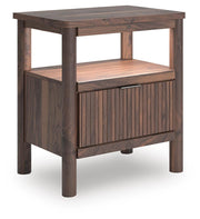 Pamytta Full Upholstered Panel Platform Bed, Dresser, Mirror, Chest and Nightstand in Brown - PKG022690
