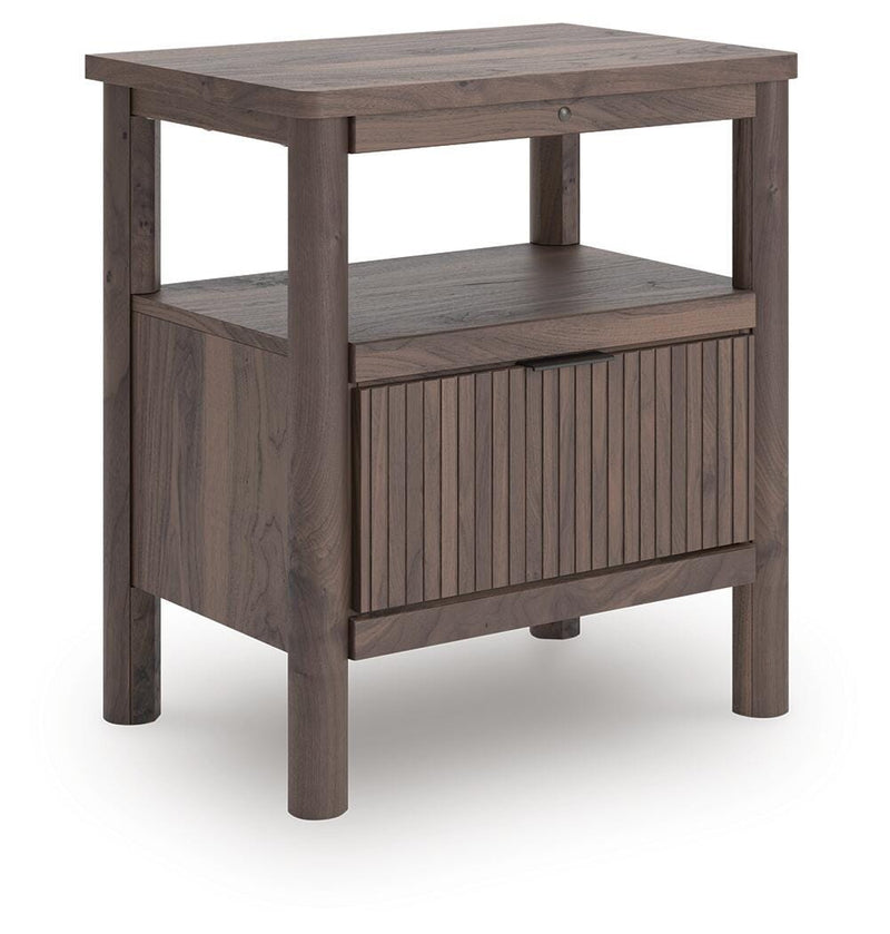 Pamytta King Upholstered Panel Bed, Dresser, Mirror and Nightstand in Brown - PKG022786