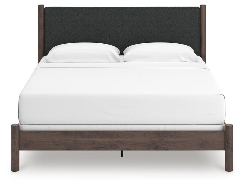 Pamytta King Upholstered Panel Bed, Dresser, Mirror and Nightstand in Brown - PKG022786
