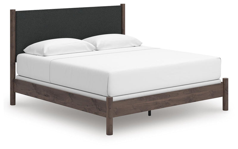 Pamytta King Upholstered Panel Bed, Dresser, Mirror, Chest and Nightstand in Brown - PKG022788