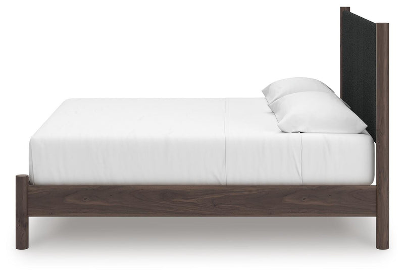Pamytta King Upholstered Panel Platform Bed, Dresser and Nightstand in Brown - PKG022752