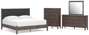 Pamytta King Upholstered Panel Platform Bed, Dresser, Mirror and Chest in Brown - PKG022749