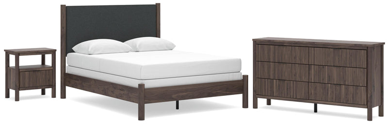 Pamytta Queen Upholstered Panel Bed, Dresser and Nightstand in Brown - PKG022734
