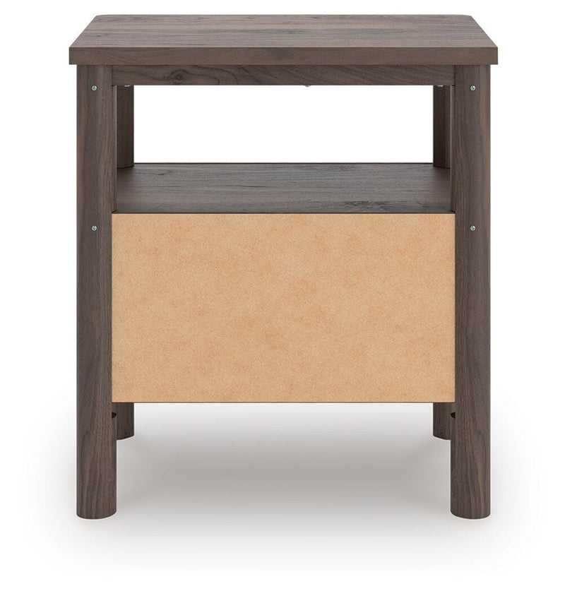 Pamytta Queen Upholstered Panel Platform Bed, Chest and  Nightstand in Brown - PKG022764