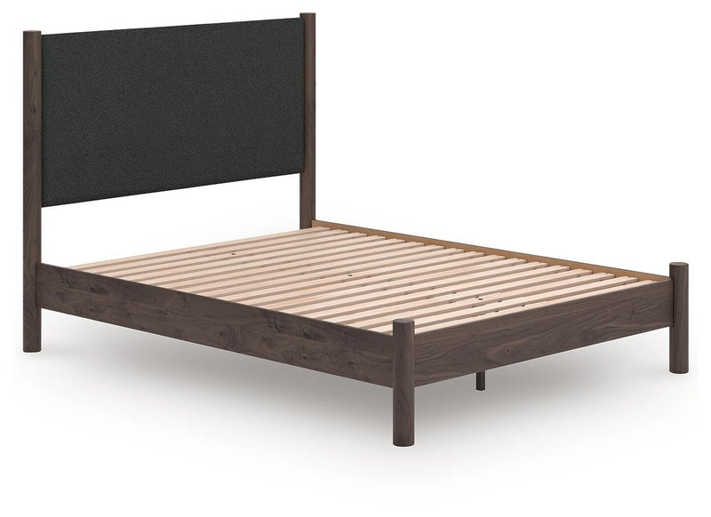 Pamytta Queen Upholstered Panel Platform Bed, Dresser and Nightstand in Brown - PKG022698