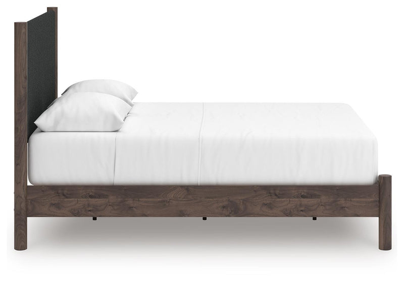 Pamytta Queen Upholstered Panel Platform Bed, Dresser and Nightstand in Brown - PKG022698