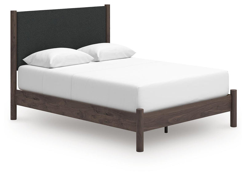 Pamytta Queen Upholstered Panel Platform Bed, Dresser, Mirror and Chest in Brown - PKG022695