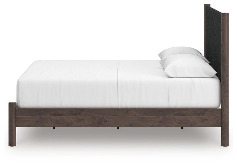 Pamytta Queen Upholstered Panel Platform Bed, Dresser, Mirror and Chest in Brown - PKG022695