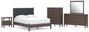 Pamytta Queen Upholstered Panel Platform Bed, Dresser, Mirror, Chest and Nightstand in Brown - PKG022696