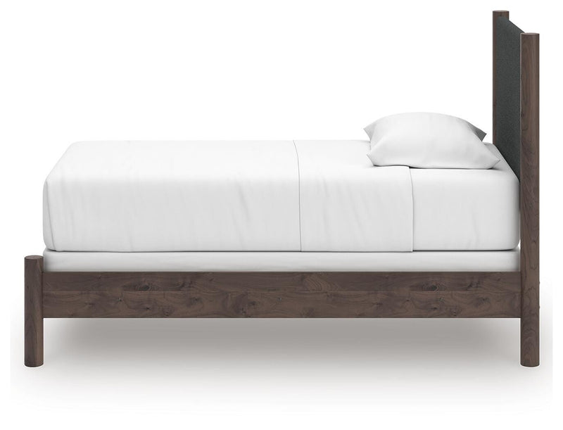 Pamytta Twin Upholstered Panel Bed, Dresser, Mirror, Chest and Nightstand in Brown - PKG022720