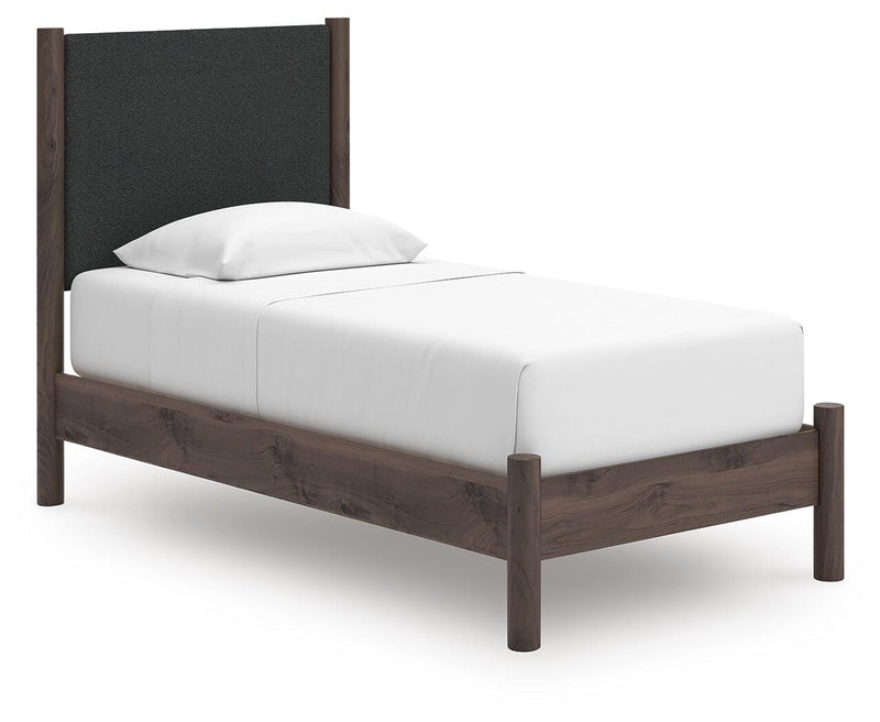 Pamytta Twin Upholstered Panel Platform Bed and Dresser in Brown - PKG022685