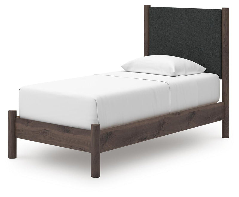 Pamytta Twin Upholstered Panel Platform Bed and Dresser in Brown - PKG022685